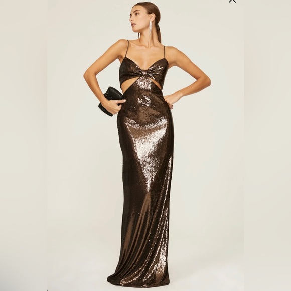Halston Chloe Cutout Sequined Tulle Gown, Brown Size 4 New w/Tag Retail $595 - Picture 6 of 16